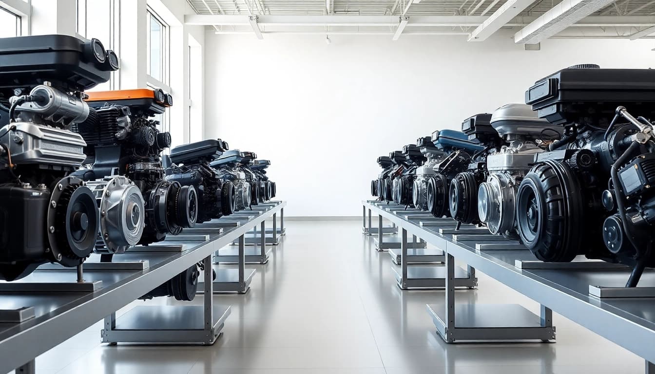 Showcase of used engines, highlighting their features in a bright showroom setting.