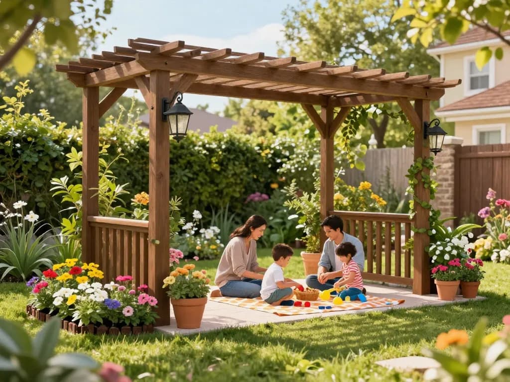 A vibrant backyard scene featuring a 3D pergola with a family enjoying a picnic, surrounded by flowers and greenery.