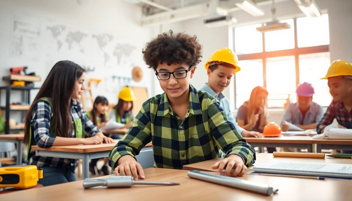 Engaging construction education classroom with students participating in hands-on activities.