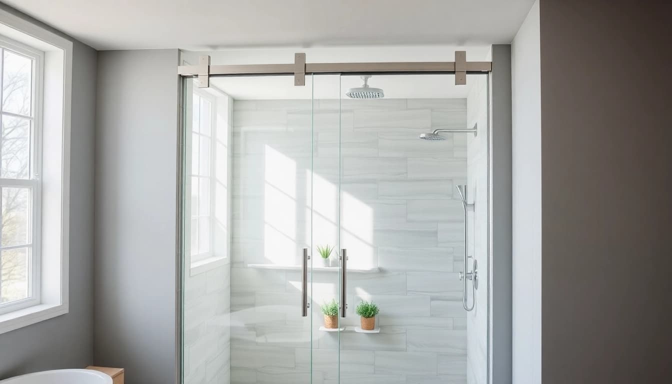 Stylish shower sliding doors feature clear glass panels and a modern design in a contemporary bathroom.