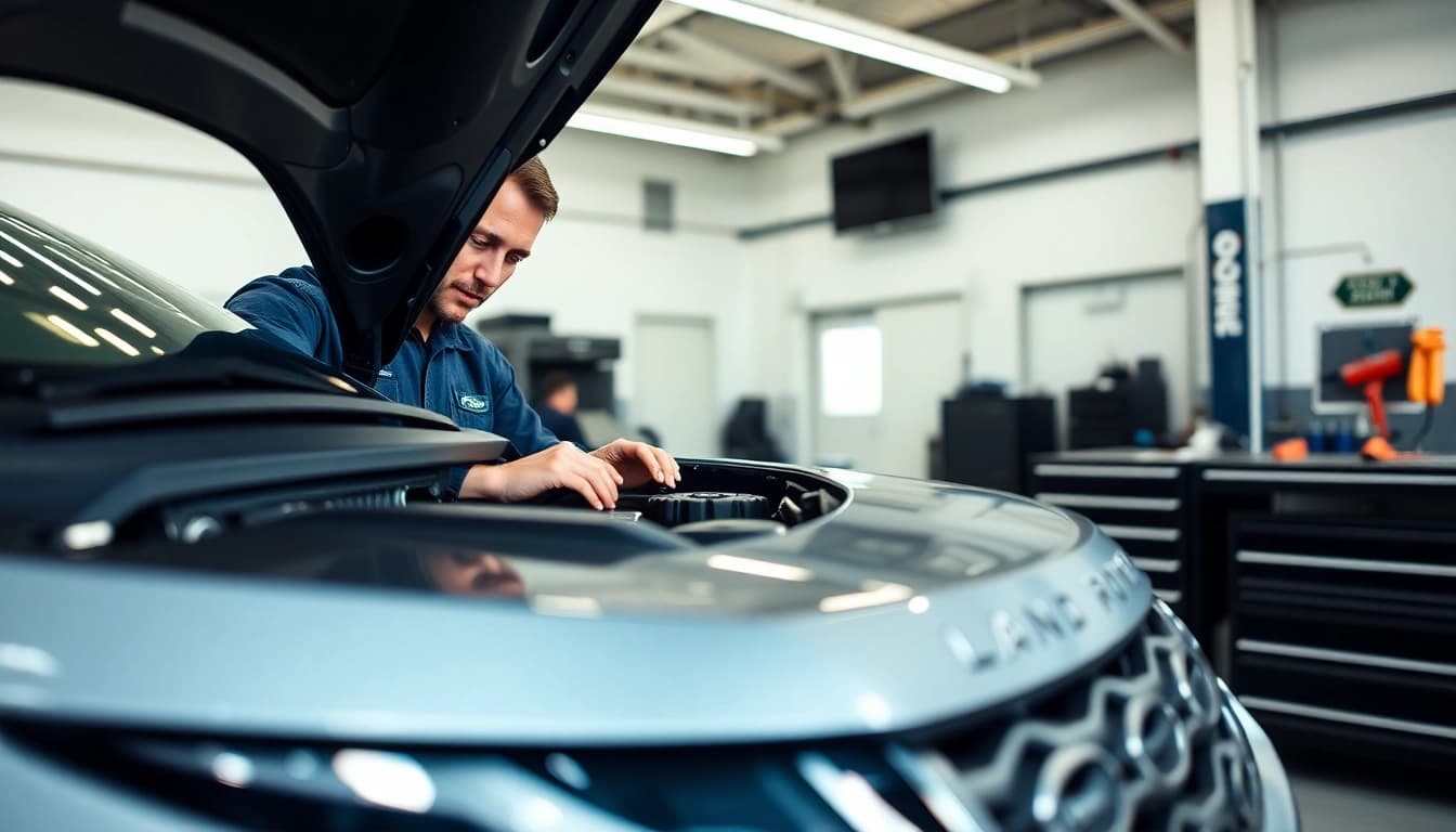 Land Rover Service expert intensely examining a vehicle engine in a modern workshop.