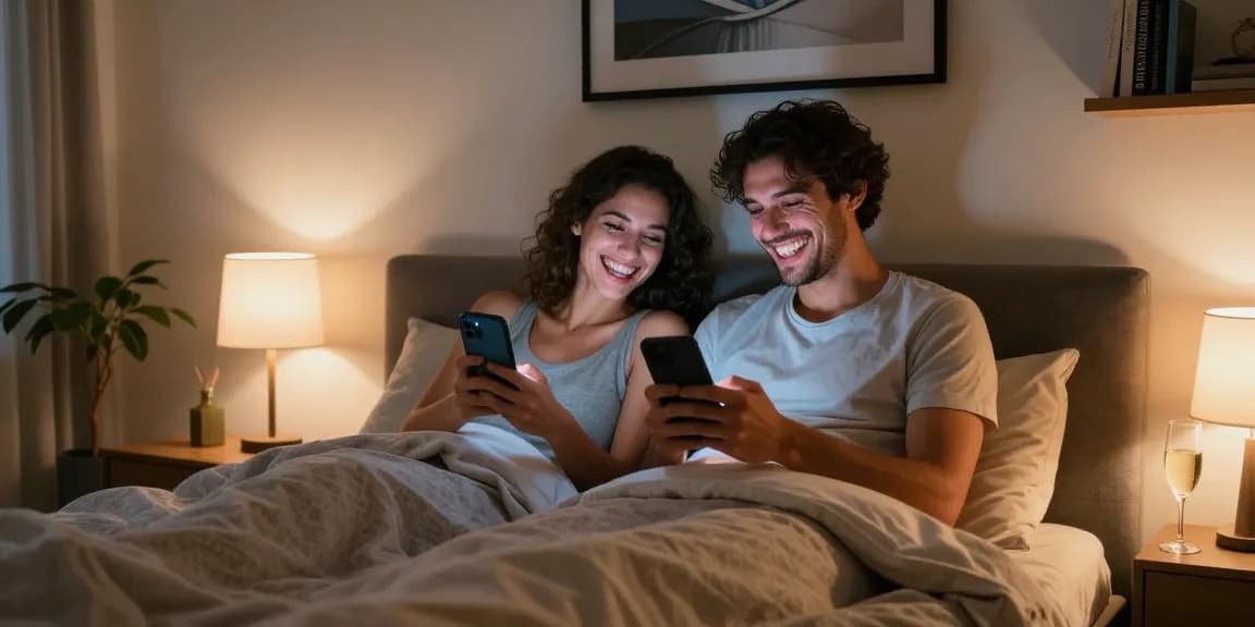 Couple enjoying intimate communication through sexting ai in a cozy bedroom.