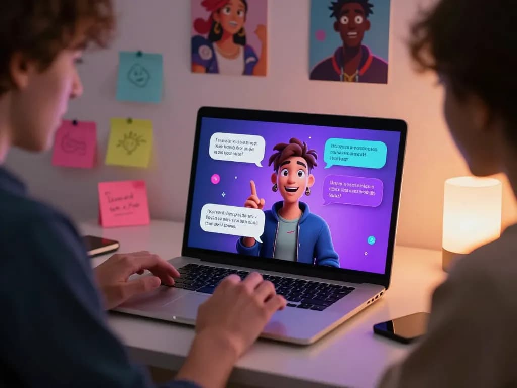 Interactive user engaging in a spicy chat with an AI character in a vibrant digital workspace, showcasing creativity and connection.