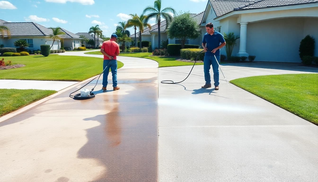 Concrete cleaning in action; professionals washing a driveway in Kissimmee, FL.