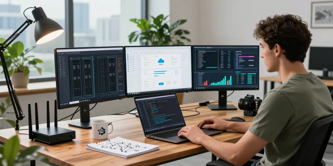 VPS hosting setup featuring IT specialist managing cloud servers with multiple monitors.