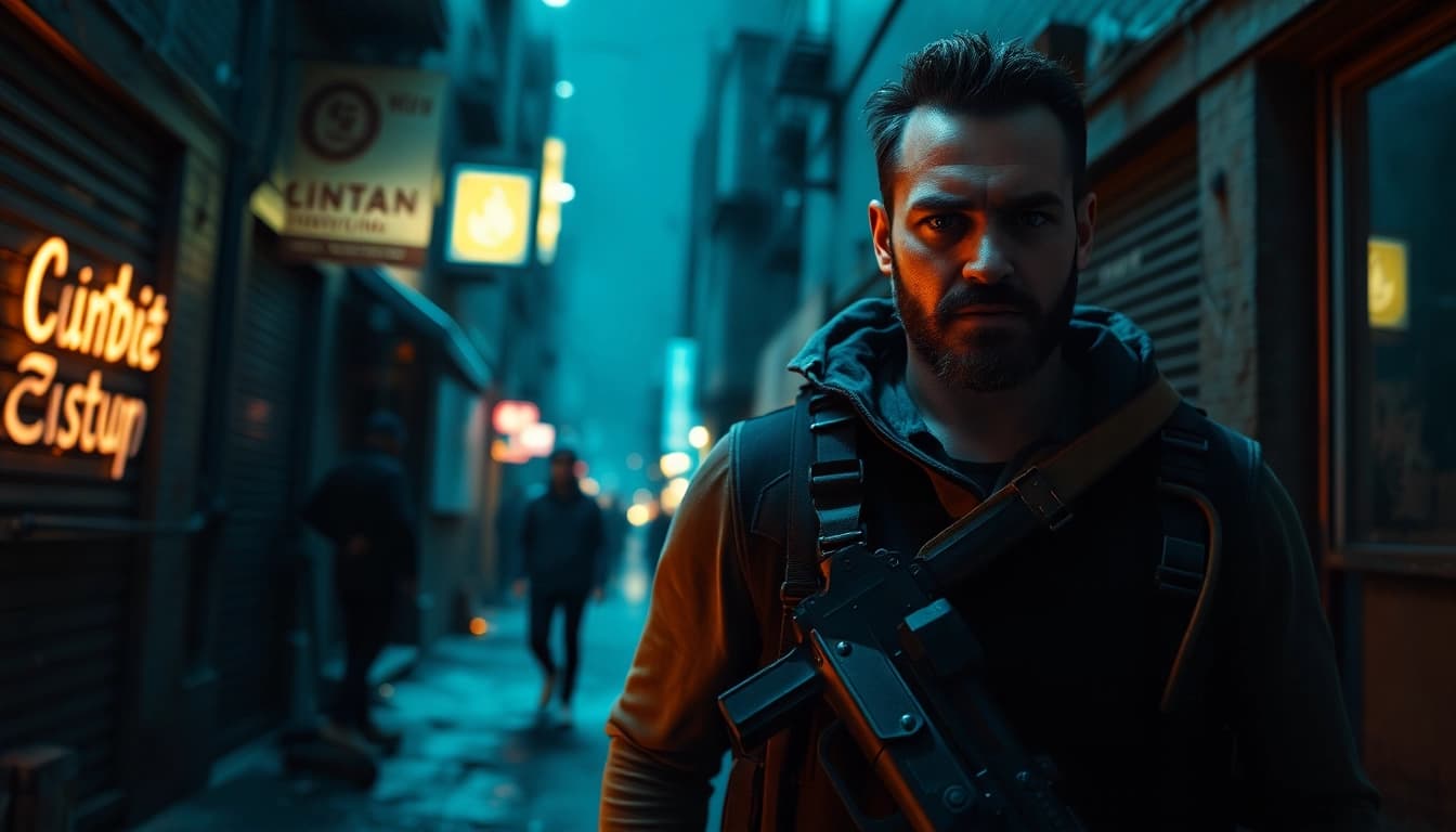 Capture action drama in a city setting similar to reacher series showcasing a rugged protagonist.