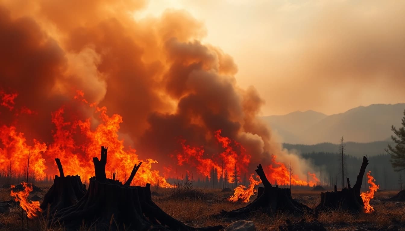Captivating depiction of wildfire events showcasing flames and smoke enveloping a forest.