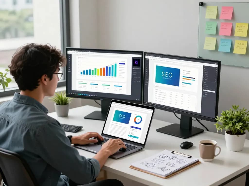 Freelance web designer in Malaysia analyzing SEO performance at a modern office workspace, showcasing creative digital marketing.