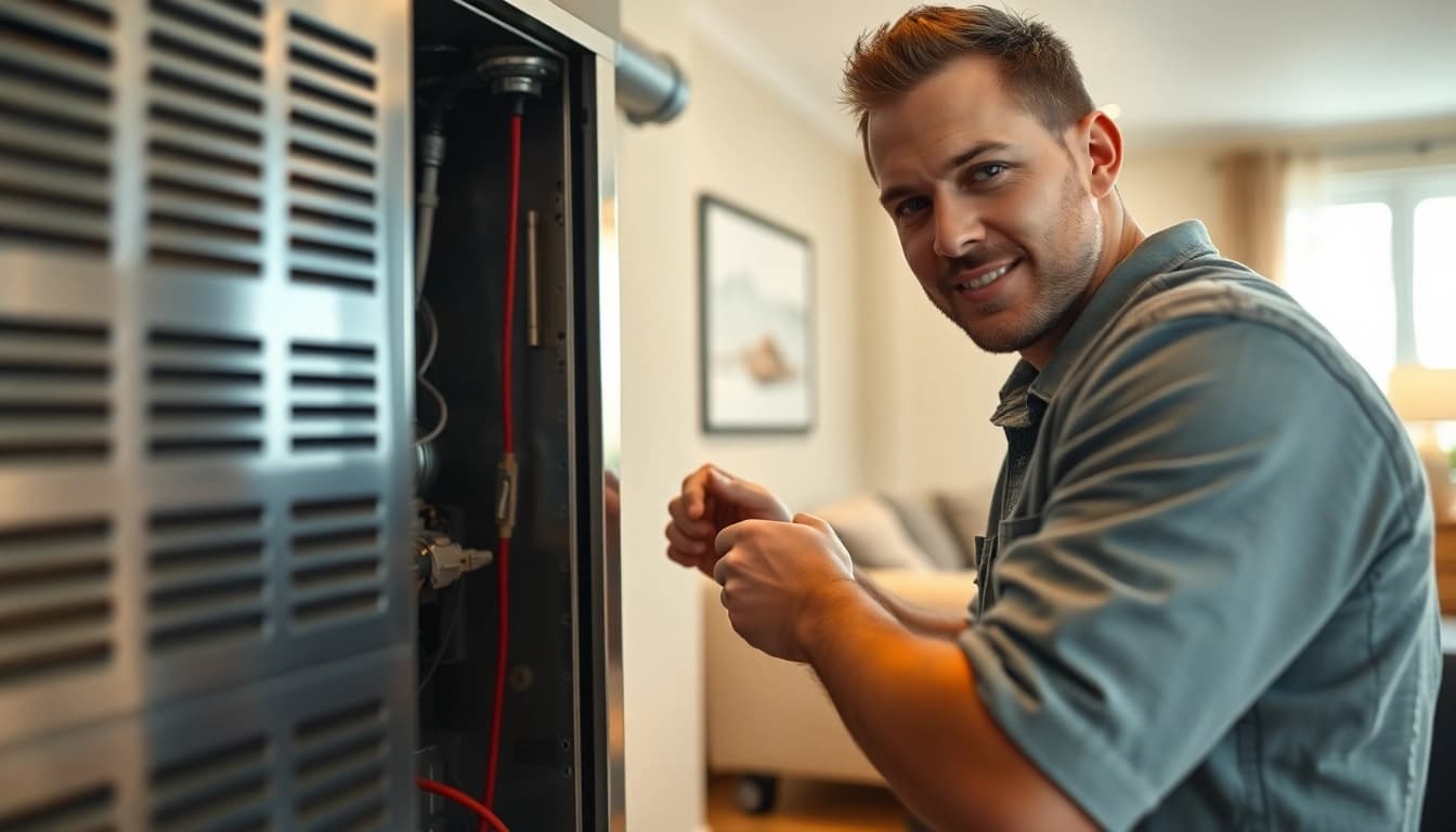 Technician performing furnace installation st. paul with precision and care in a cozy home setting.