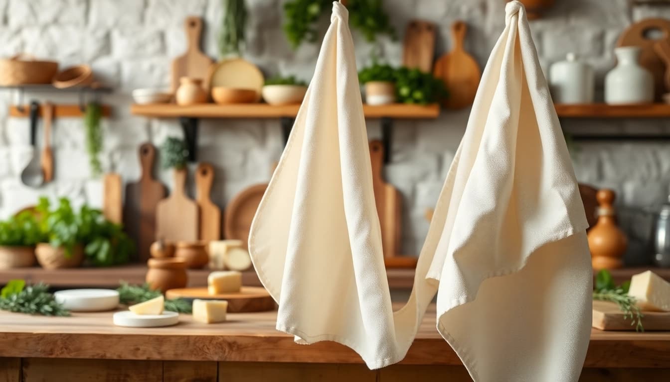 Kaasdoek gebruikt voor het afdekken van verse kazen in een rustieke keuken.
