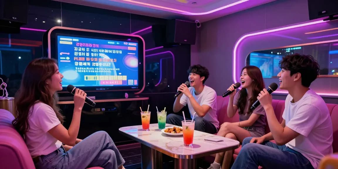 강남가라오케에서 친구들과 즐거운 시간을 보내는 모습으로 화려한 조명과 음악의 분위기를 표현합니다.