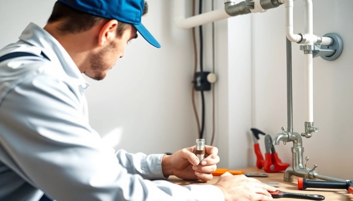 Plumber near me fixing a leak in a home plumbing system with expert tools.
