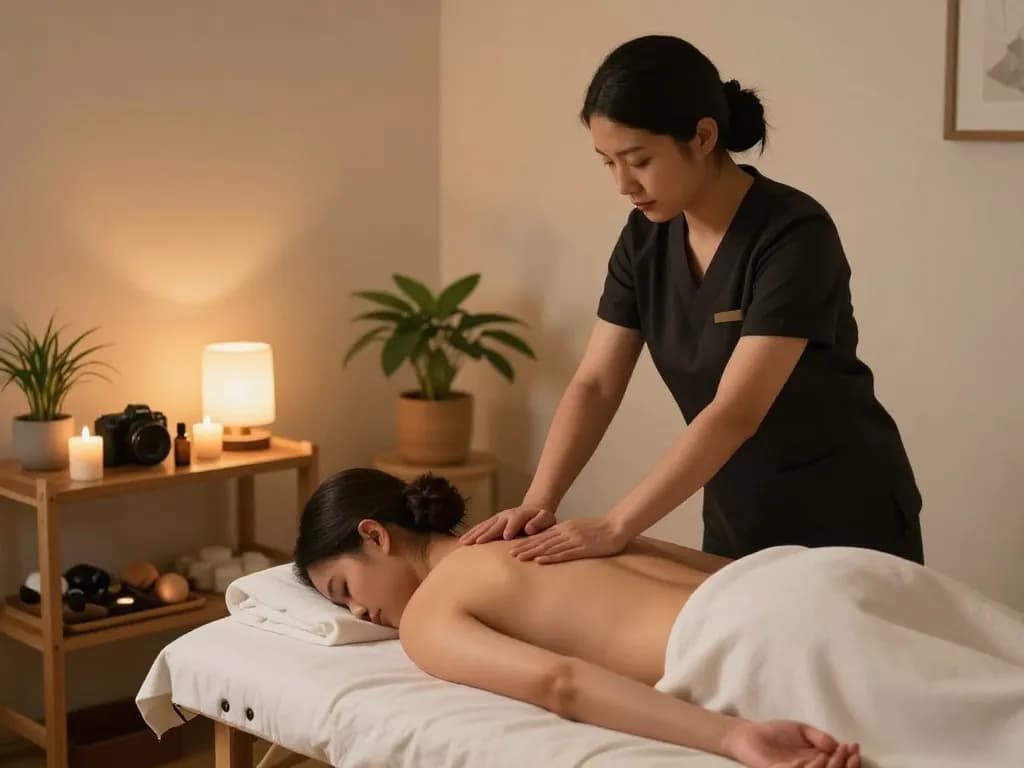 촛불과 편안한 분위기가 있는 고요한 스튜디오에서의 릴렉싱 역삼동마사지 세션.