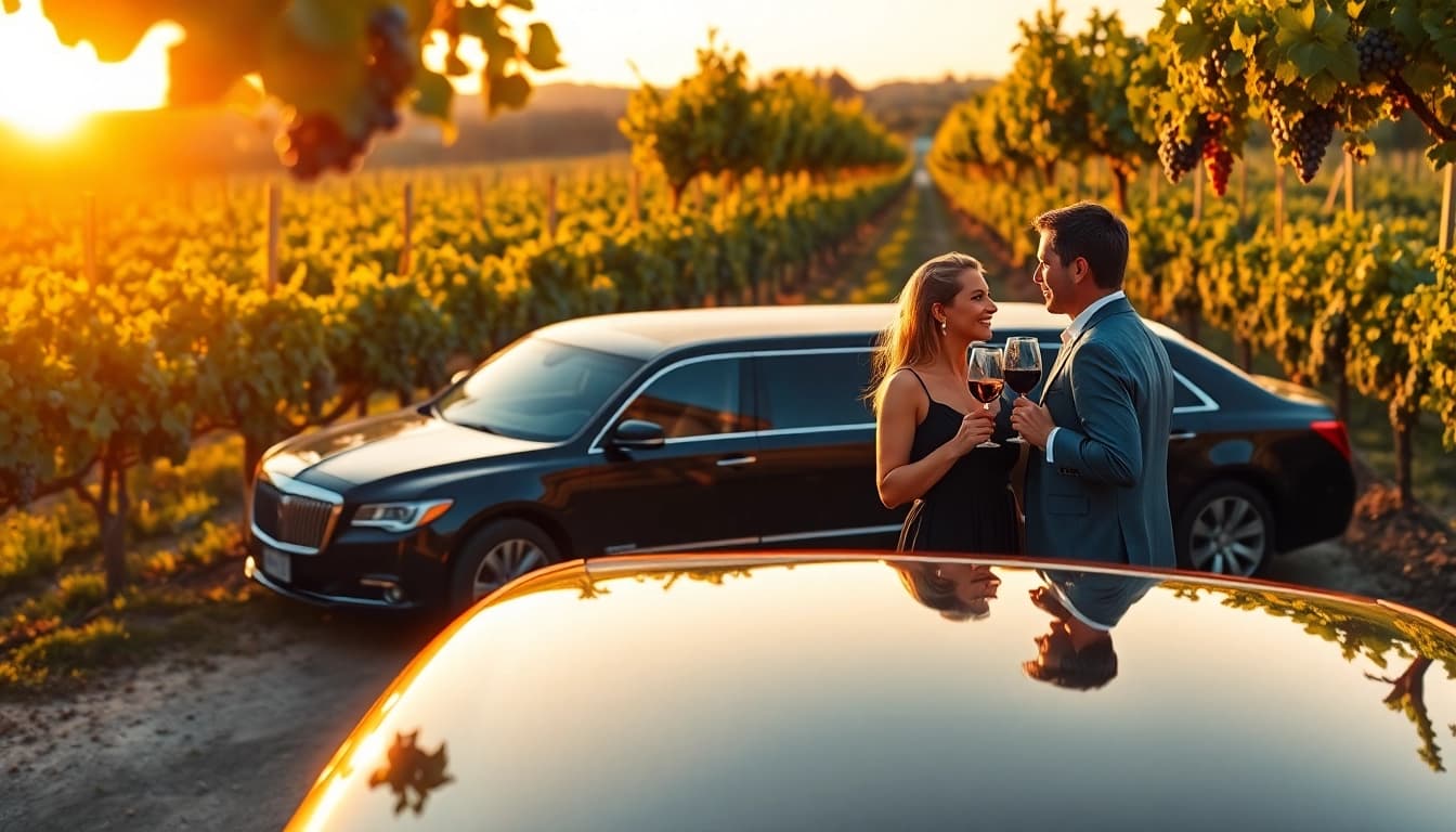 Experience limo wine tasting tours with a luxurious limousine amidst scenic vineyards.