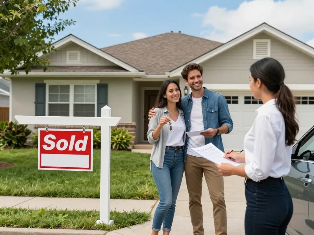 We buy houses for cash with a family celebrating their home sale, displaying a "Sold" sign in a vibrant suburban setting.