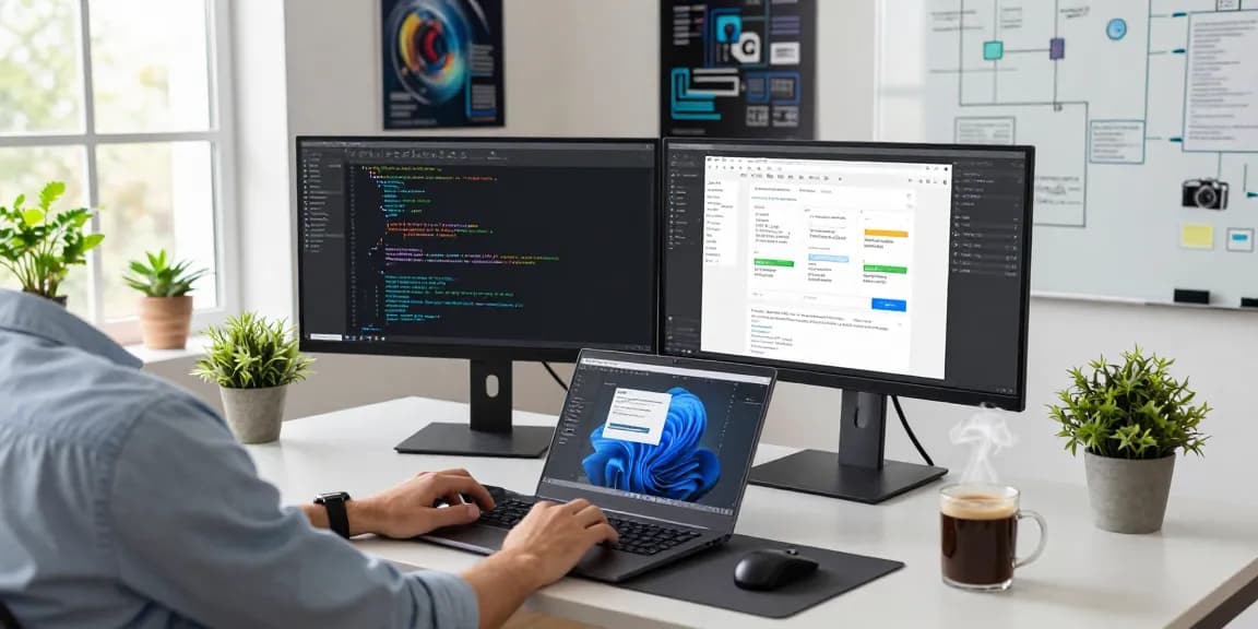 Web development workspace with scenadomen.pl branding and coding activities in a modern office.