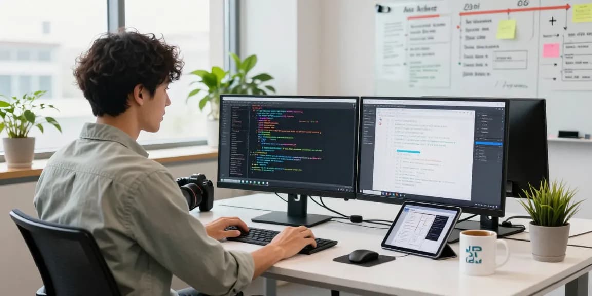 NAGA2000 software engineer coding in a vibrant tech office with dual monitors.