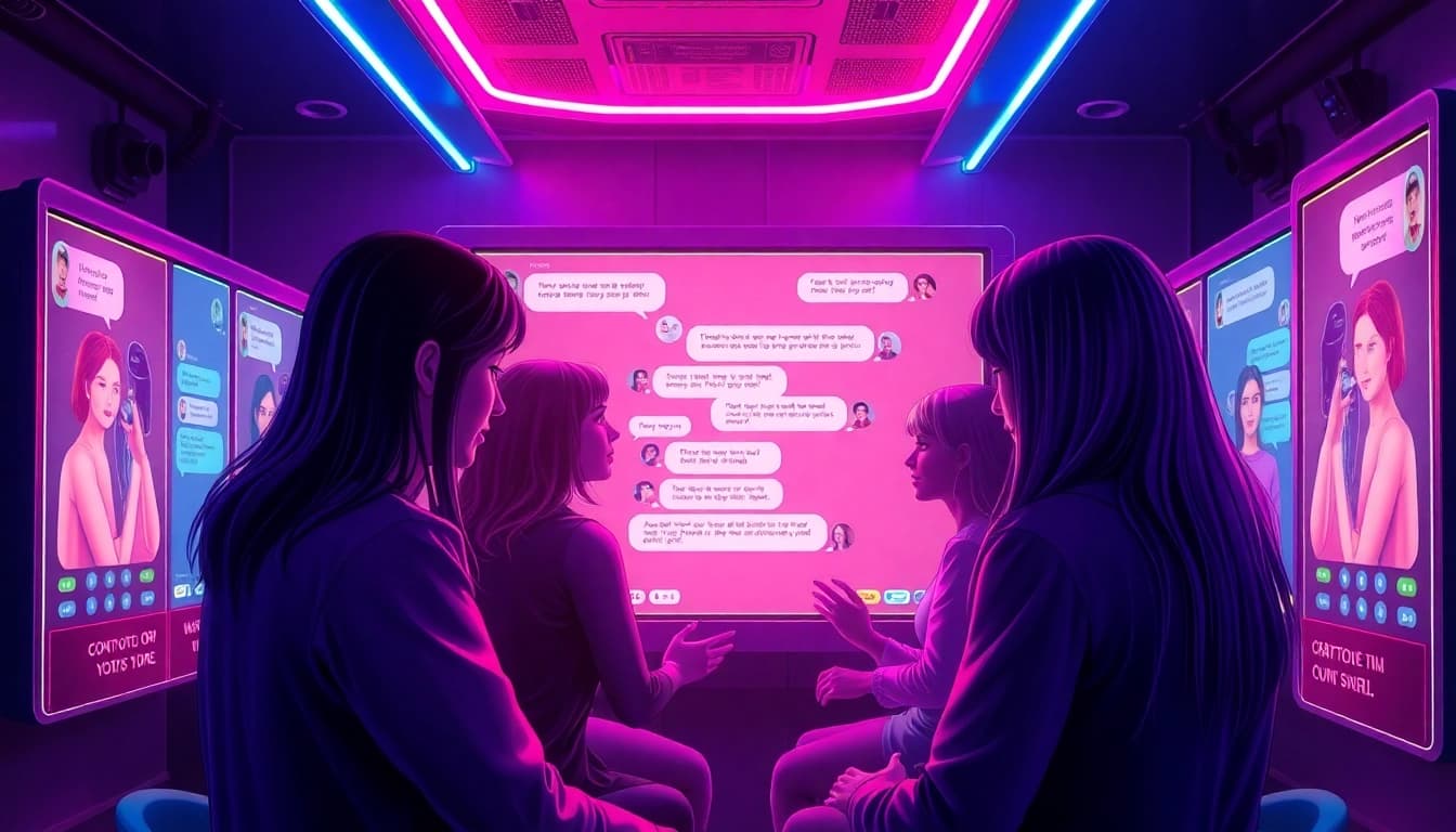 Interactive users engaging with sexting AI chatbots in a vibrant, futuristic environment.