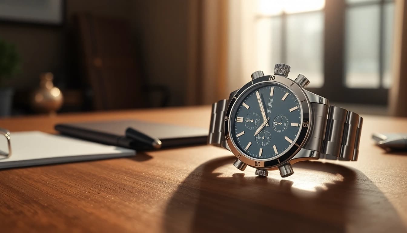 Showcase a replica watch with detailed craftsmanship on a wooden table, emphasizing luxury and elegance.