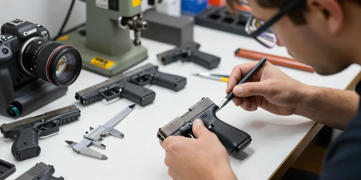 Custom Glock slides from https://precisionglockslides.com displayed in a well-lit workshop with tools and performance enhancements