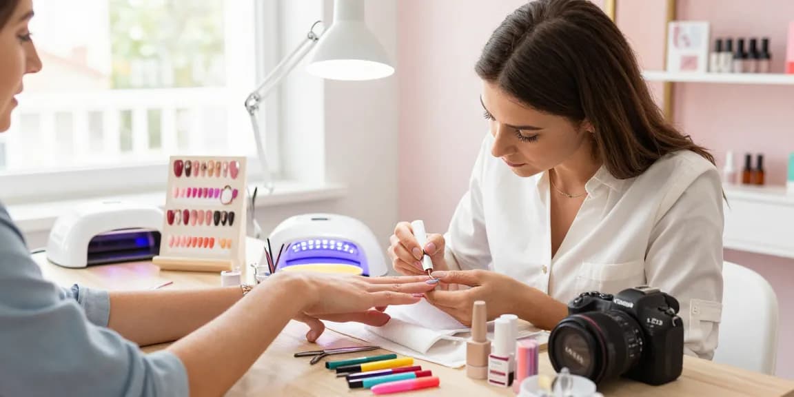 Aplicarea unui kit unghii gel într-un studio de înfrumusețare luminos, prezentând instrumente colorate pentru artă pe unghii.