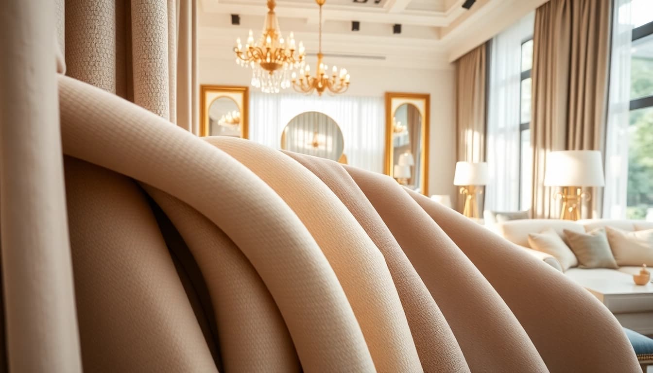 Gordijnstof kopen online met luxe stoffen in een stijlvolle interieursetting.