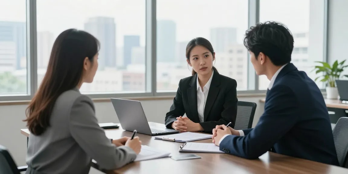 개인회생 상담 중인 변호사와 고객, 전문적인 법률 사무실 환경