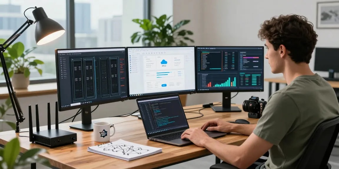 VPS hosting setup featuring IT specialist managing cloud servers with multiple monitors.