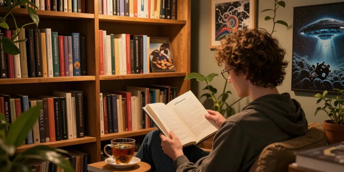 Explore T Allen Greenfield's works at https://tallengreenfield.com, featuring the book UFOnauts in a cozy reading nook.