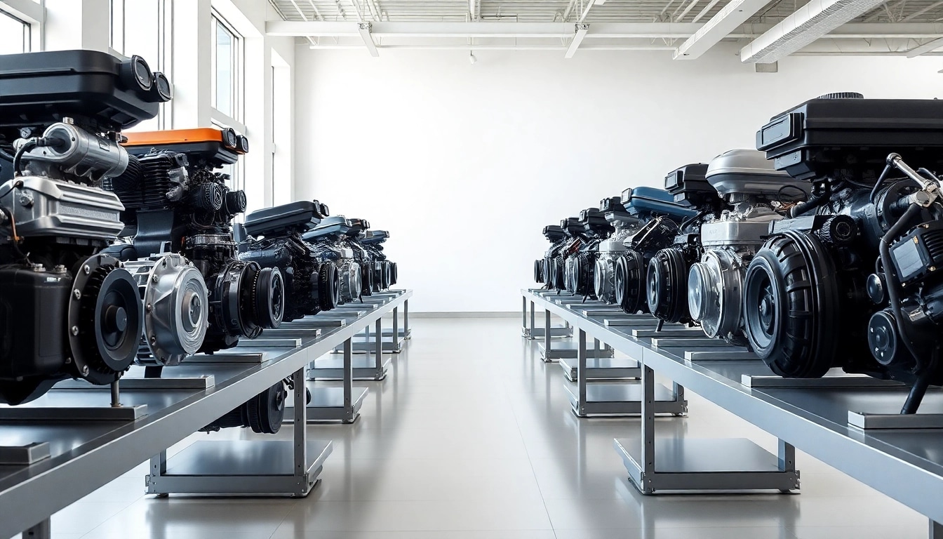 Showcase of used engines, highlighting their features in a bright showroom setting.