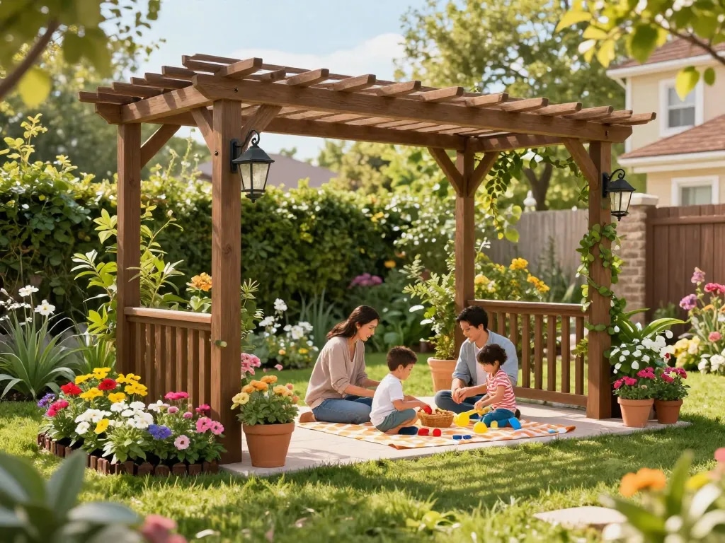 A vibrant backyard scene featuring a 3D pergola with a family enjoying a picnic, surrounded by flowers and greenery.