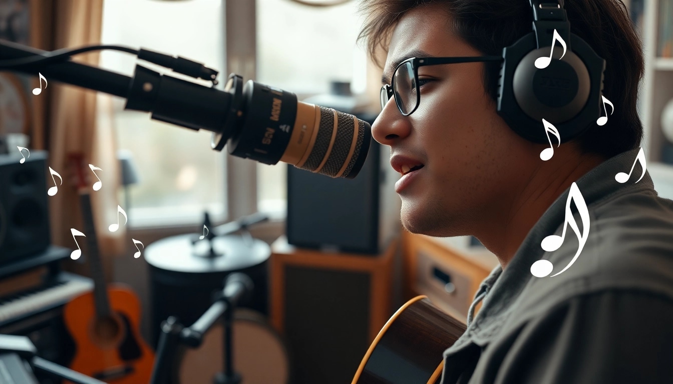 Recording music with the MV88 microphone in a cozy home studio setting.