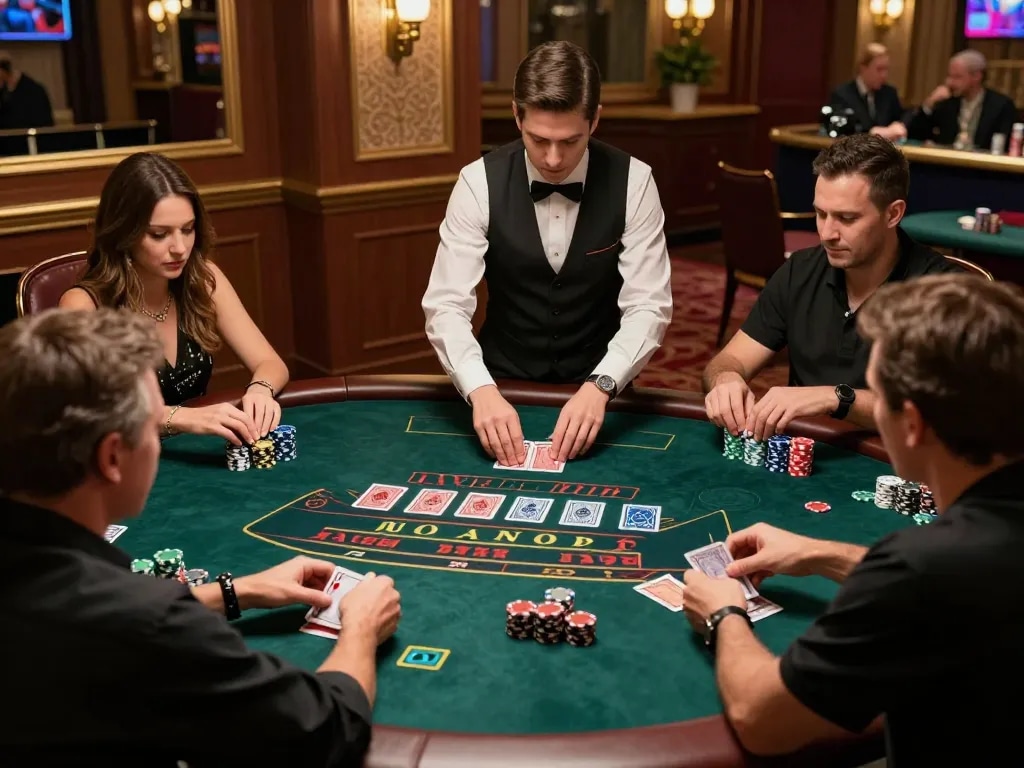 Players engaging in dynamic live casino gameplay at rikvip, focusing on strategic card play.