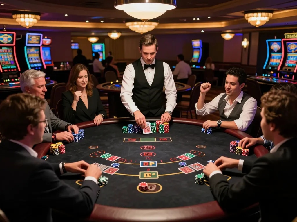 Experience the excitement of blackjack gameplay at KP88 casino, with players celebrating wins and strategic betting.