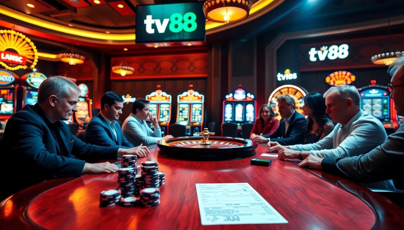 Casino atmosphere showcasing high-stakes play and excitement at TV88 poker table.