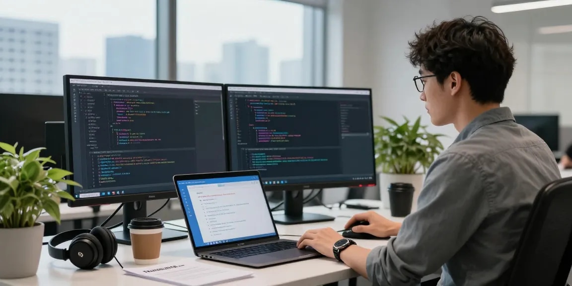 Developer configuring telegram中文 interface on dual monitors in a modern workspace.