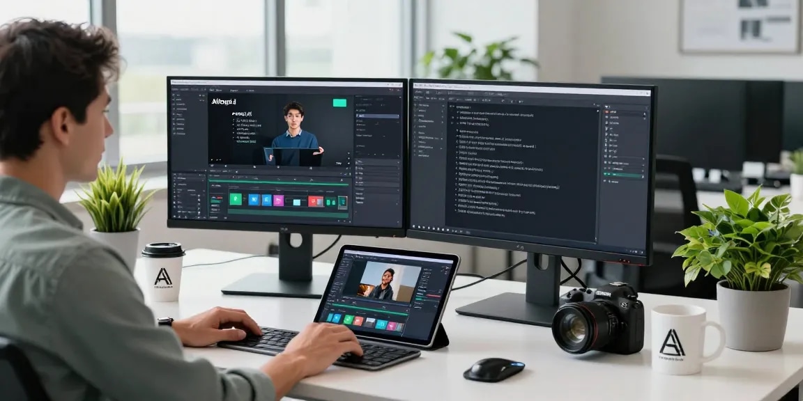 Dynamic workspace showcasing prompt ai in use for video generation, featuring monitors with AI prompts.