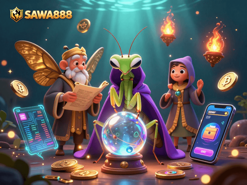 Join SAWA888's thrilling slots adventure with a mystical fortune teller and librarian guiding players through the casino.