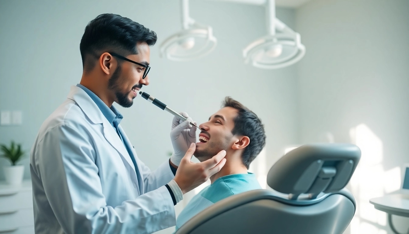 Orthodontist near by me checks patient dental health in a modern clinic.
