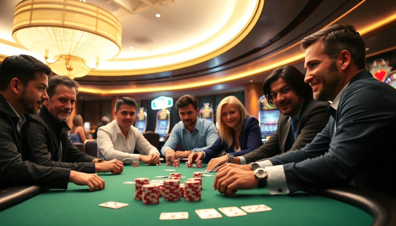 Permainan poker di casino online yang ramai, menampilkan suasana energi dan fokus para pemain.