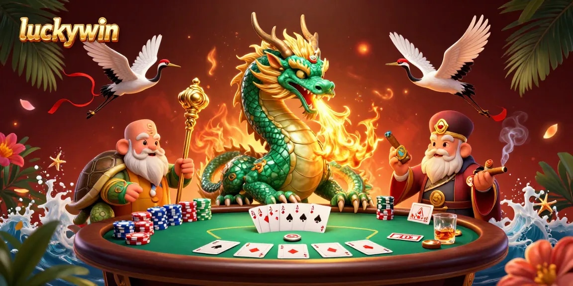 Experience luck with the Luckywin jade dragon in a vibrant casino scene filled with poker elements.
