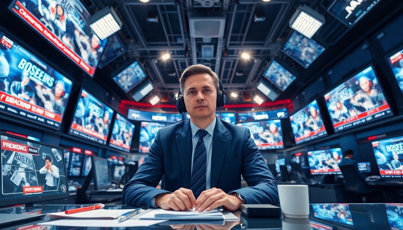 Catch the latest news with a busy journalist in a vibrant newsroom environment.