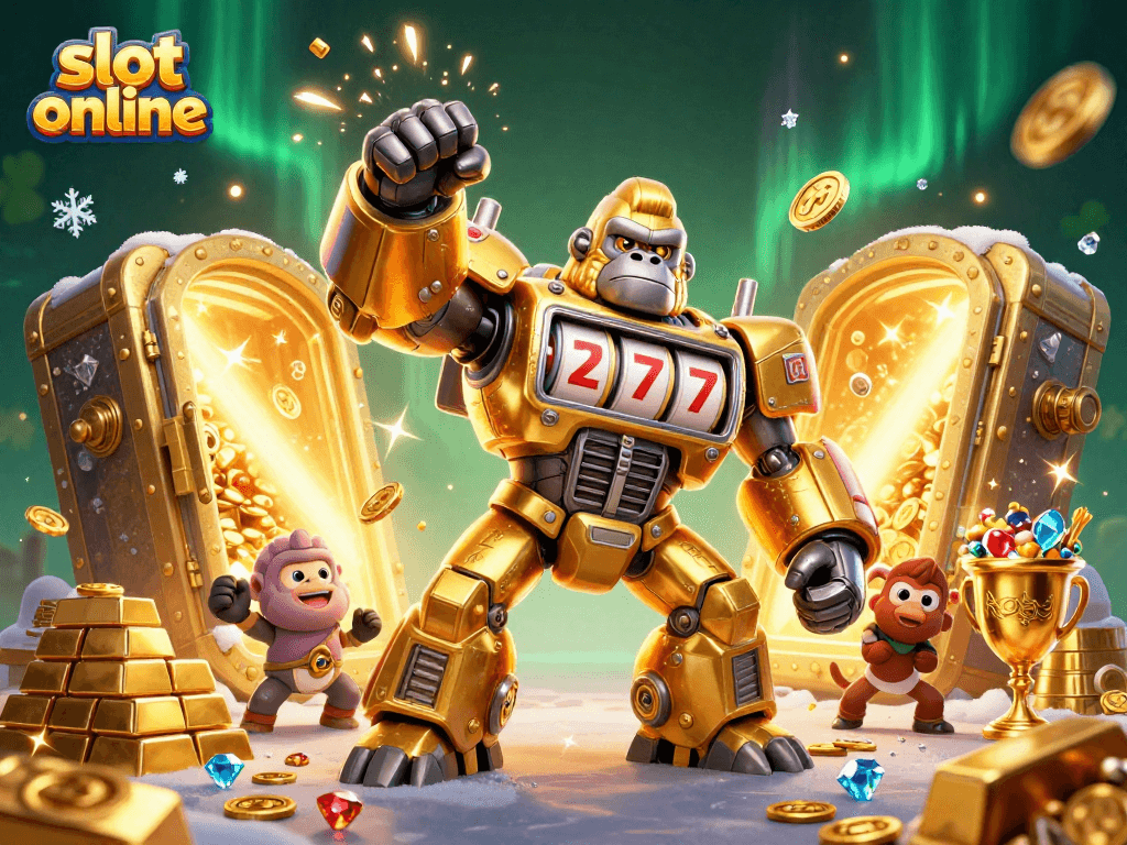 Experience the thrill of slot online gaming with a golden gorilla mech exploding coins in this vibrant illustration.