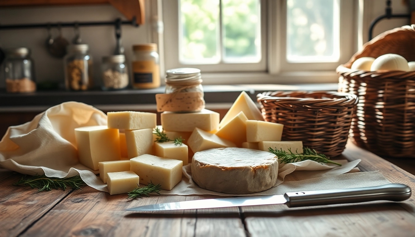 Kaasdoek used to beautifully present various cheeses in a rustic kitchen setting.