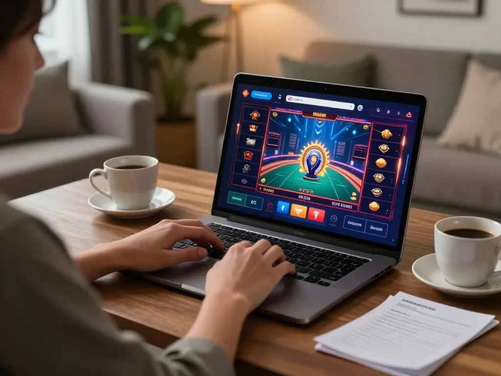 Engage in thrilling online gameplay with luck8, showcasing a player immersed in a laptop casino game.