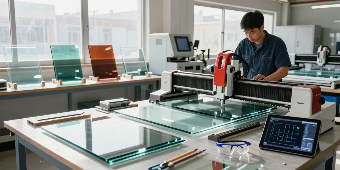 CNC glass cutting machine in action, showcasing precision glass processing techniques.