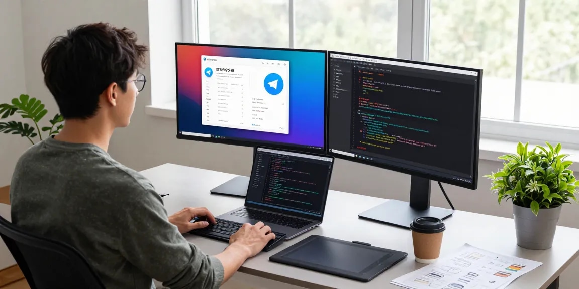 Engaging software development workspace with 纸飞机中文版 displayed on monitors, showcasing a modern tech environment with coding and design.