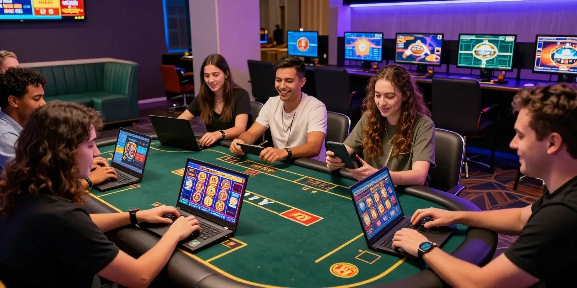 Open88 online gaming environment with friends enjoying diverse games and modern decor.