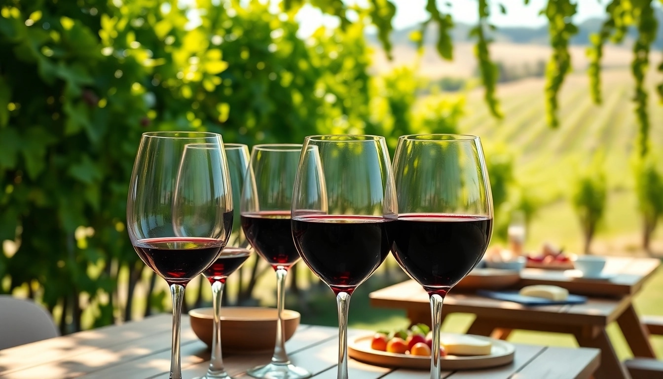 Experience Clarksburg wine tasting with elegantly arranged wine glasses in a sunny vineyard.