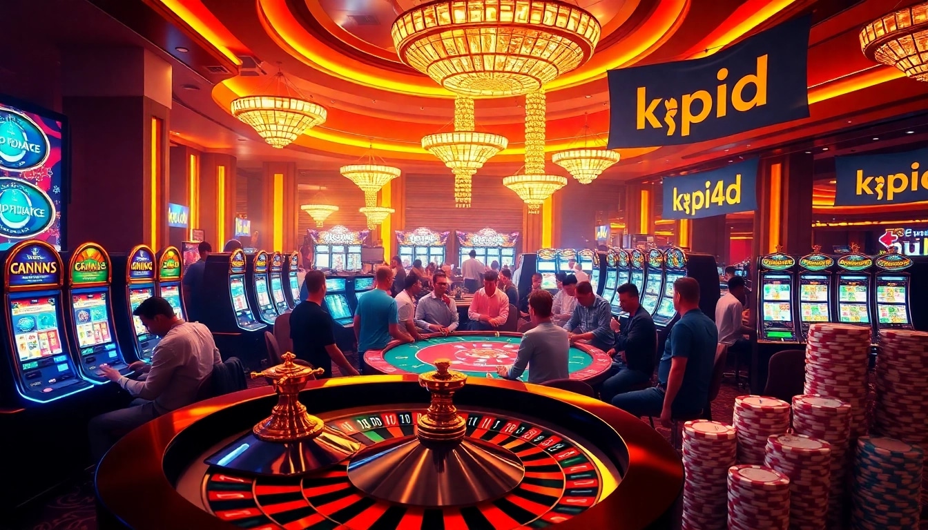 Engaging gamblers at the vibrant kpi4d casino featuring slot machines and poker tables.